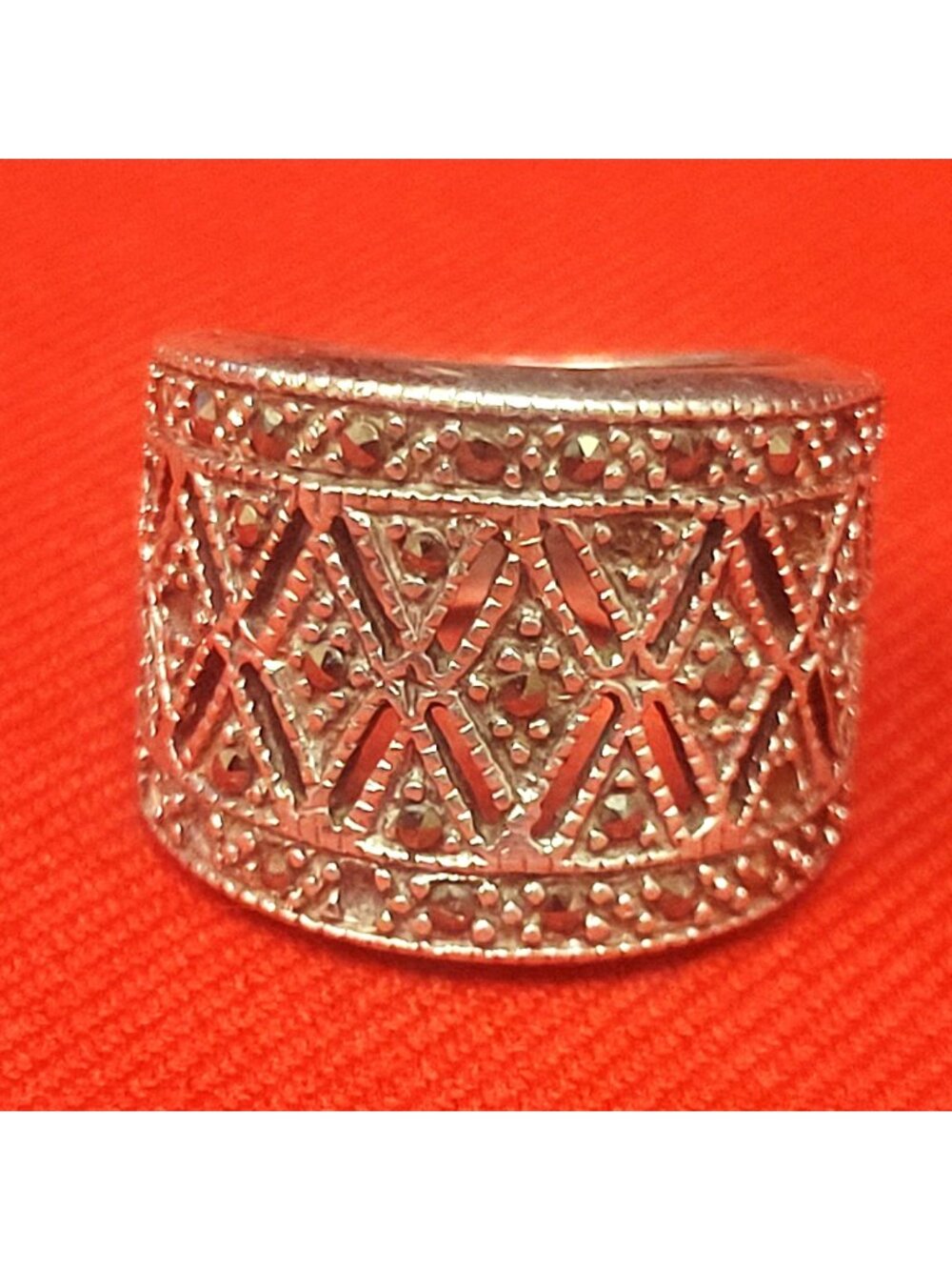 Sterling Silver 925 Wide Band Ring Marcasite Studded Geometric Design Size 9